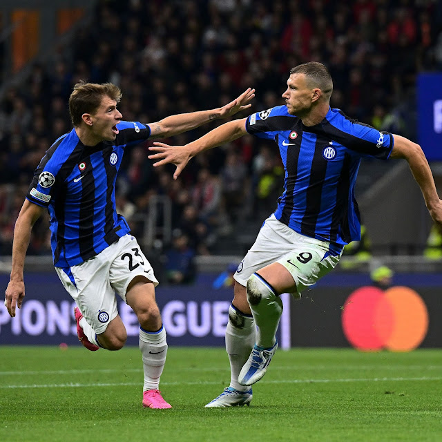 Edin Dzeko celebrates goal for Inter in the Uefa Champions League 2022/23 semi final first leg against AC Milan at the San Siro on Wednesday 10 May, 2023