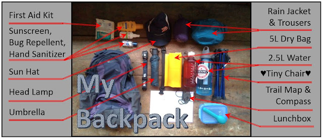 My backpack and all the equipment laid out around it: first aid kit, sunscreen, bug repellent, hand sanitizer, sun hat, head lamp, umbrella, tiny chair, trail map and compass, lunchbox, rain jacket and trousers, 5 litre dry bag, 2.5 litres of water