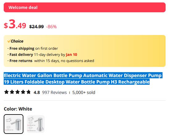 Rechargeable Automatic Water Dispenser Electric Water Pump