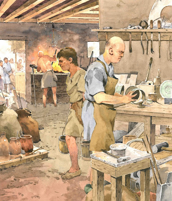 Artist's impression of a busy Roman workshop, filled with fire, smoke and noise