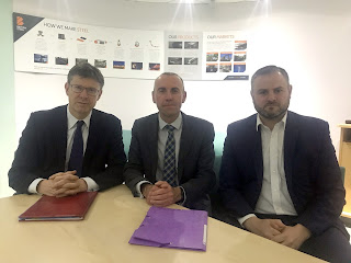 Secretary of State for Business, Greg Clark; Leader of North Lincolnshire Council, Cllr Rob Waltham, from Brigg; and Parliamentary Under-Secretary, Andrew Stephenson, meeting at British Steel in Scunthorpe - see Nigel Fisher's Brigg Blog