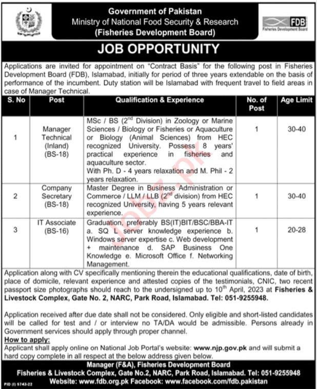 Fisheries Development Board Management Posts Islamabad 2023