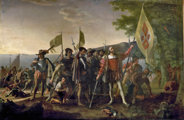 Tranh vẽ cuộc đổ bộ của Columbus trên một hòn đảo được người bản địa gọi là Guanahani và được ông gọi là San Salvador vào ngày 12 tháng 10 năm 1492. Ông dựng cột cờ Hoàng gia Tây Ban Nha, tuyên bố sự bảo trợ của Tây Ban Nha cho vùng đất này. Những người thổ dân sợ hãi đứng quan sát từ sau những bụi cây. Tranh vẽ bởi John Vanderlyn.