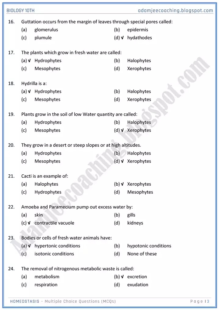 homeostasis-mcqs-biology-10th