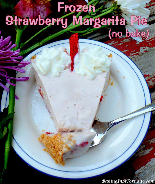 Frozen Strawberry Margarita Pie (no bake), all the flavors of the cocktail in a no bake pie form | recipe developed by www.BakingInATornado.com | #recipe #dessert