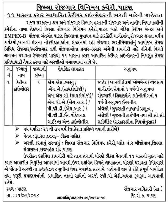 District Employment Exchanges Office, Patan Recruitment for Career Counselor Post 2018