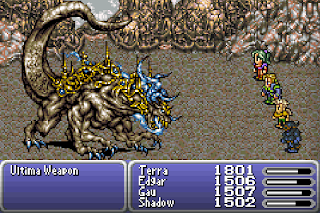 The party battles Ultima Weapon, a boss on the Floating Continent in Final Fantasy VI.