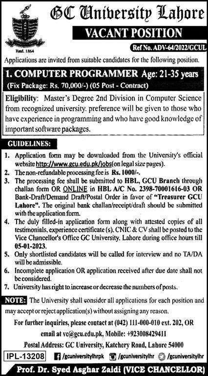 GC University latest Government Computer jobs and others can be applied till 5 January 2023 or as per closing date in newspaper ad. Read complete ad online to know how to apply on latest GC University job opportunities.