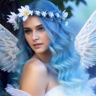 A beautiful woman cosplays as a fairy angel with teal hair, angel wings, and a crown of flowers