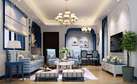 Mediterranean living room interior design with blue color