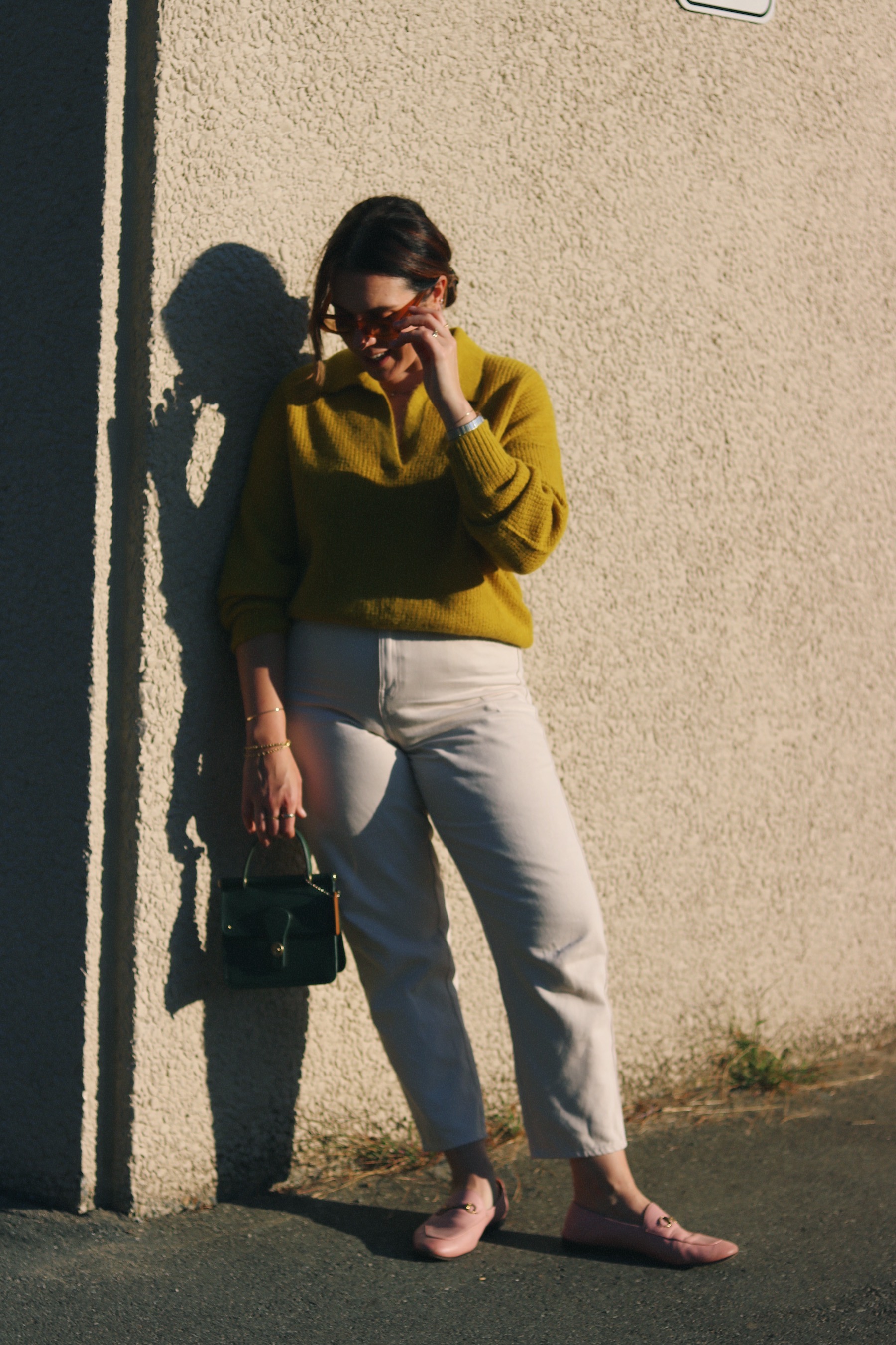 coach mini bag Everlane alpaca waffle-stitch polo sweater outfit lime green gucci loafers.JPG