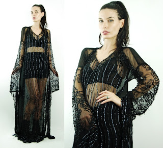 Vintage black silk chiffon maxi caftan fully beaded.