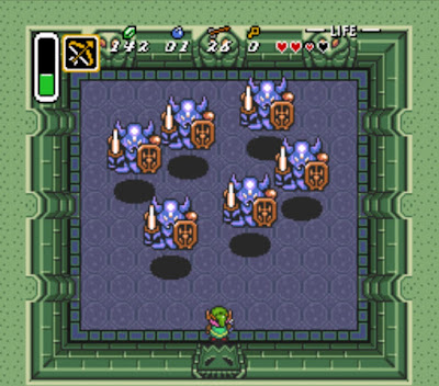 Link faces a group of heavily armored knights in one of the game's first boss battles.