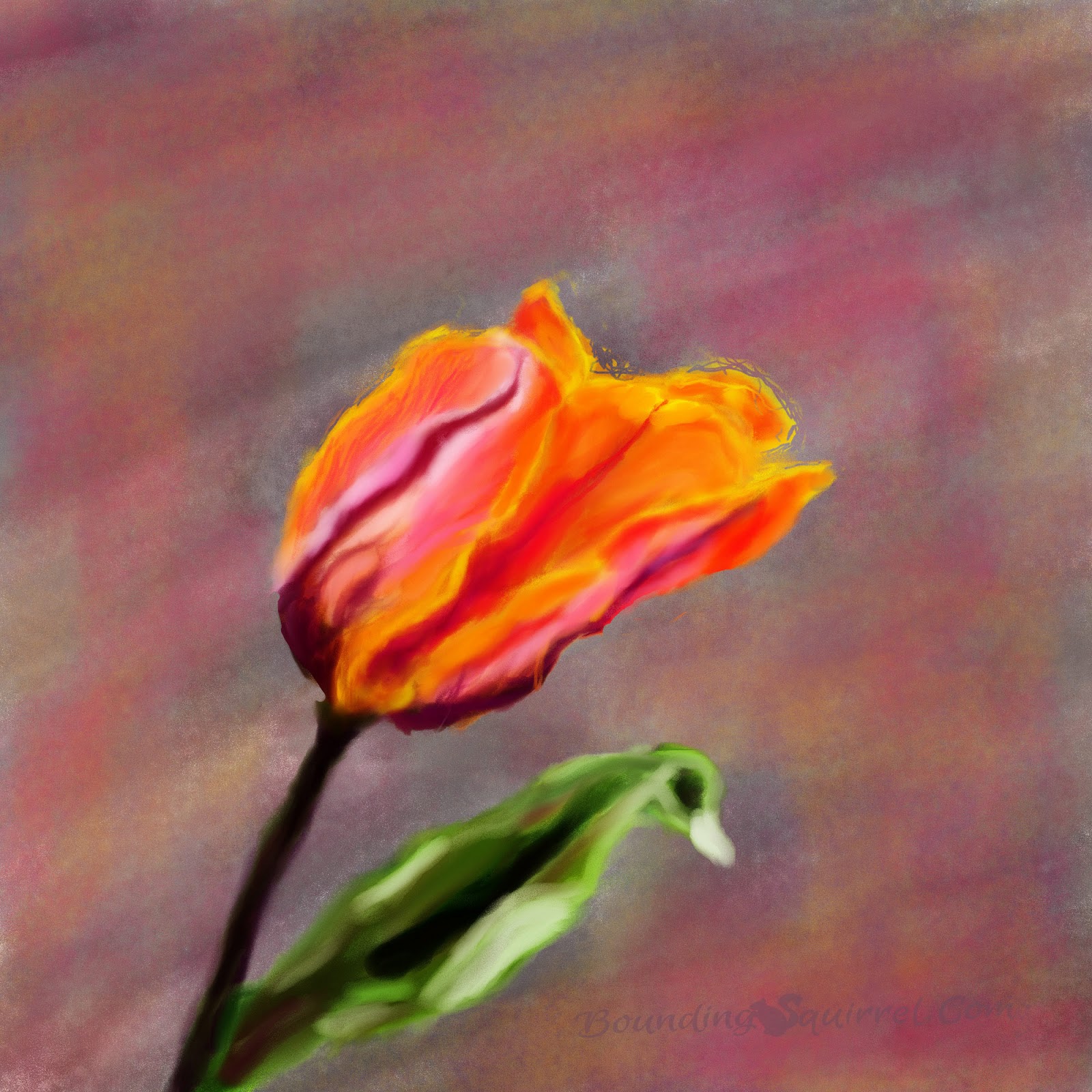Digital painting of a colourful orange, gold, purple and pink tulip