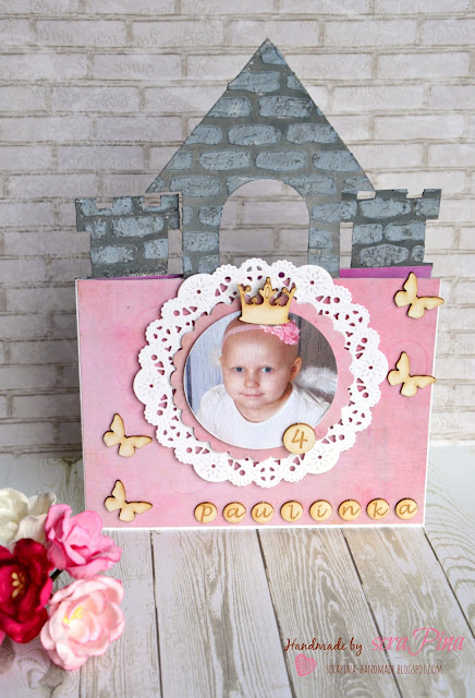 Wyjątkowy prezent na urodziny dla małej księżniczki różowa kartka zamek wieża ręcznie robiona scrapina handmade scrapbooking upominek urodzinowy dla dziewczynki tekturki i kropka papiery bee scrap