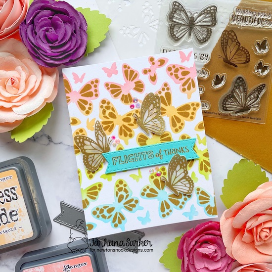 Newton's Nook Designs & Therm O Web Inspiration Week | Flights of Thanks Card by Farhana Sarker | Monarchs Stamp Set, Butterflies Stencil Set and Banner Trio Die Set by Newton's Nook Design with deco flock by Therm O Web #newtonsnook #handmade
