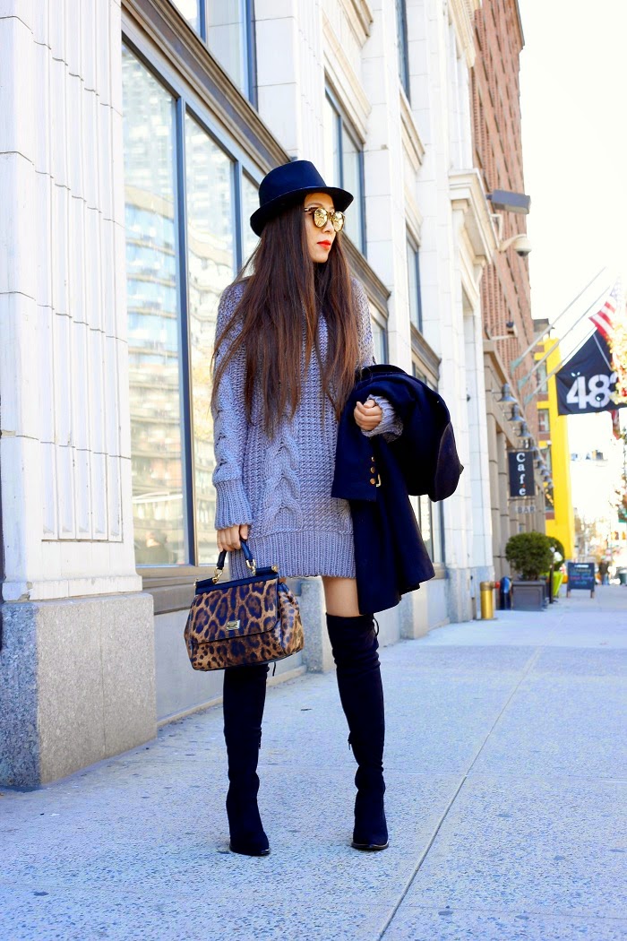 Unif reverb sweater, urban outfitters, holiday sale, cable knit sweater, winter essential, steve madden over the knee boots, dolce gabbana sisly bag, leopard print, zara coat, baublebar pearl earring, le specs sunglasses, fashion blog, shallwesasa, street style, tommy ton, nyc