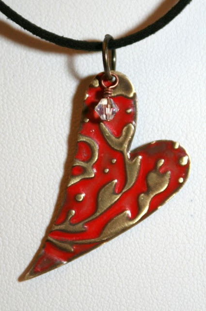 Of Brass and Colours: Red Heart ~ Vintaj natural brass components, ColorMeThis! patina, swarovski crystals, leather, brass wire, embossed, metal work, wire wrapping, ooak jewelry, ooak necklaces :: All Pretty Things