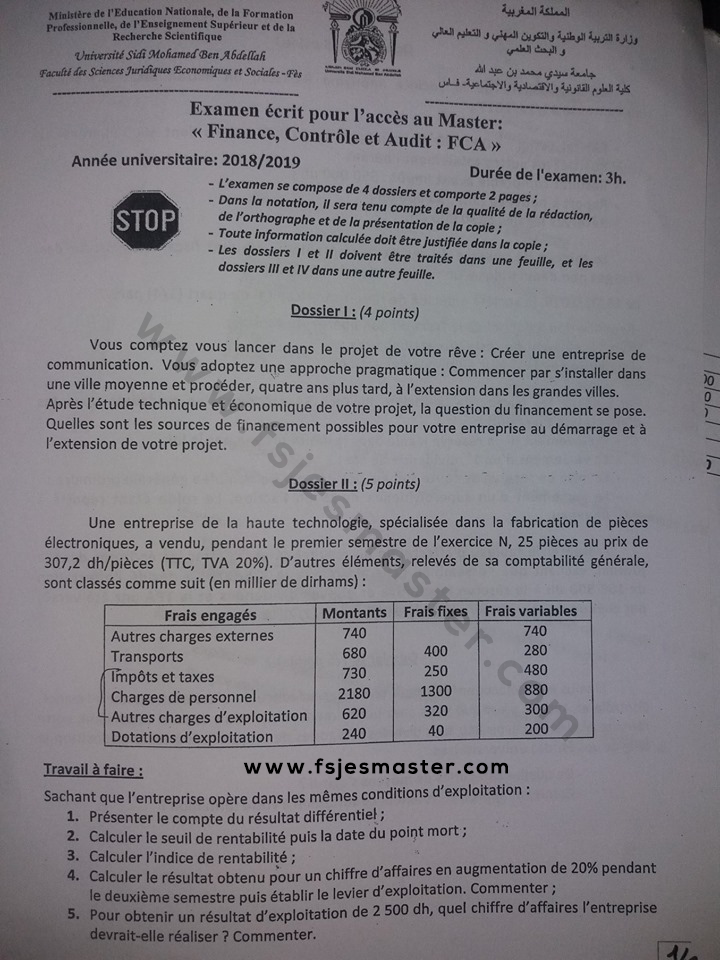 Exemple Concours Master Finance Controle et Audit ( FCA ) 2018-2019 - Fsjes Fes