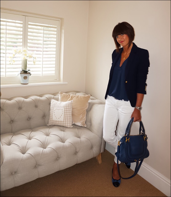 My Midlife Fashion, Zara single breasted navy blazer, white jeans, white cigarette length jeans, quilted ballet pumps, say what you c emoji necklace, chloe marcel bag