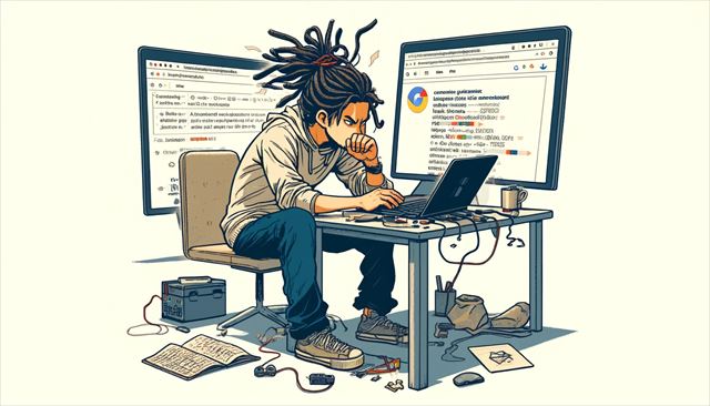 Create a wide illustration featuring a casual Japanese man with dreadlocks, deeply engaged in setting up an environment for automatic video generation. The scene shows him at a desk with an old laptop, visibly stressed by the slow progress due to the laptop's inadequate specs. Include elements like open web pages on Google Colab, scattered notes, and a cup of coffee, reflecting a long day of troubleshooting and testing. The illustration should capture the mix of determination and frustration, all in a simple and minimalistic style, focusing on the man's interaction with his technology.