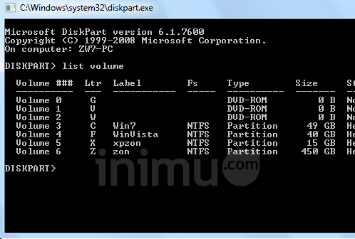 Sembunyikan partisi hard disk dengan diskpart