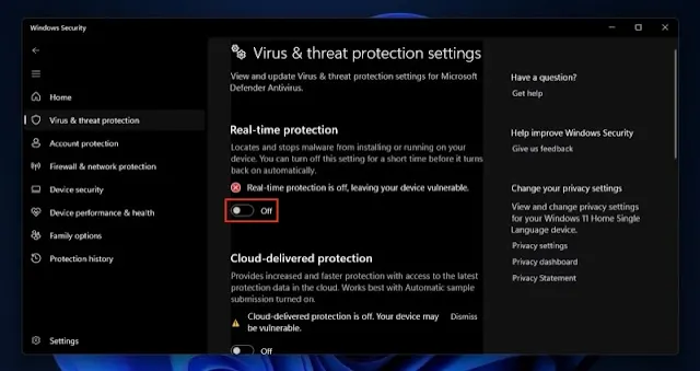 أغلاق Real Time Protection