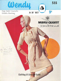 1960s vintage crochet pattern; 1960s vintage knitting pattern; Wendy; Mary Quant; cream short-sleeved dress, bonnet & knee socks