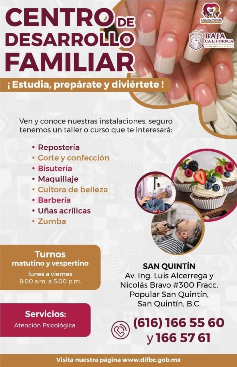 Invita DIF Baja California a inscribirse a los cursos y talleres del centro  de desarrollo familiar de San Quintín