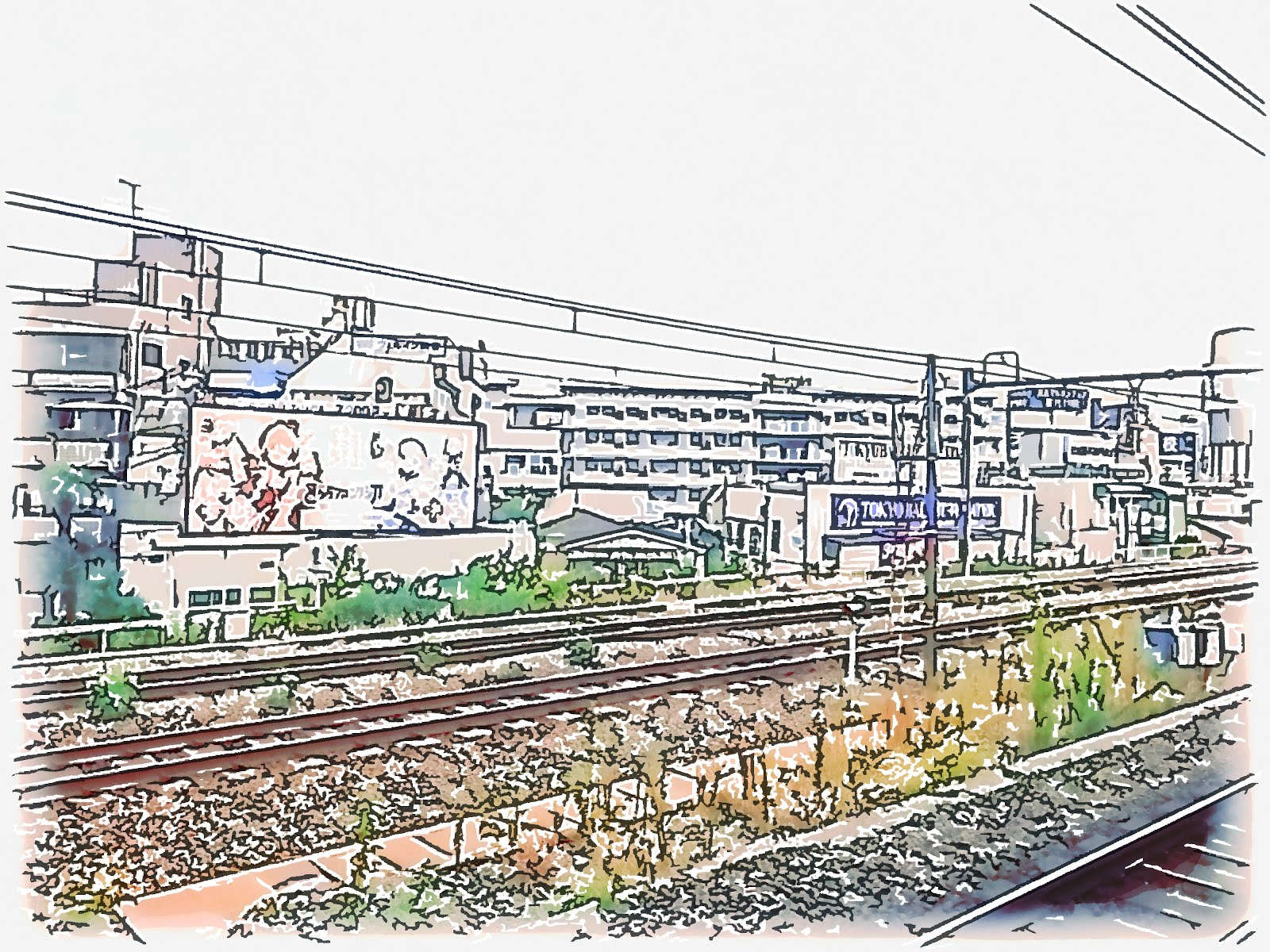 無料イラスト Jr大久保駅ホームと線路 ビル 広告看板