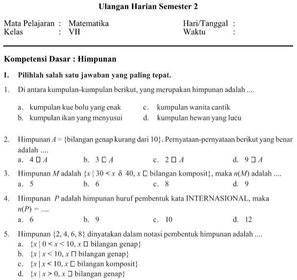 Download Contoh Soal Soal Ulangan Harian Matematika Kelas 7 Smp