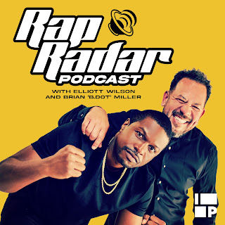 Graphic with yellow background and Rap Radar podcast in white ink and the two hosts in a photo.