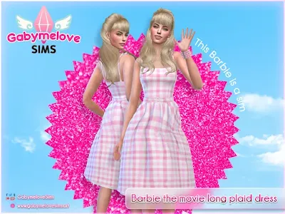 Sims 4 CC | Clothing: Barbie the movie pink long plaid dress | Gabymelove Sims | Mod, mods, Custom Content, Contenido Personalizado, Ropa, Cloth, Clothes, Doll, película, rosa, rosado, largo, plisado, vestido, tartan, cuadros, perla, perlas, pearl, cinturón, Margot Robbie, 2023, set, outfit