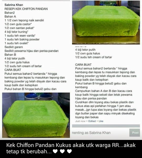 Share Resepi Ju Anns: KEK CHIFFON PANDAN VERSI SABRINA KHAN