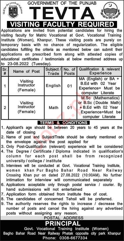 Latest Technical Education & Vocational Training Authority TEVTA Teaching Posts Khanpur 2022