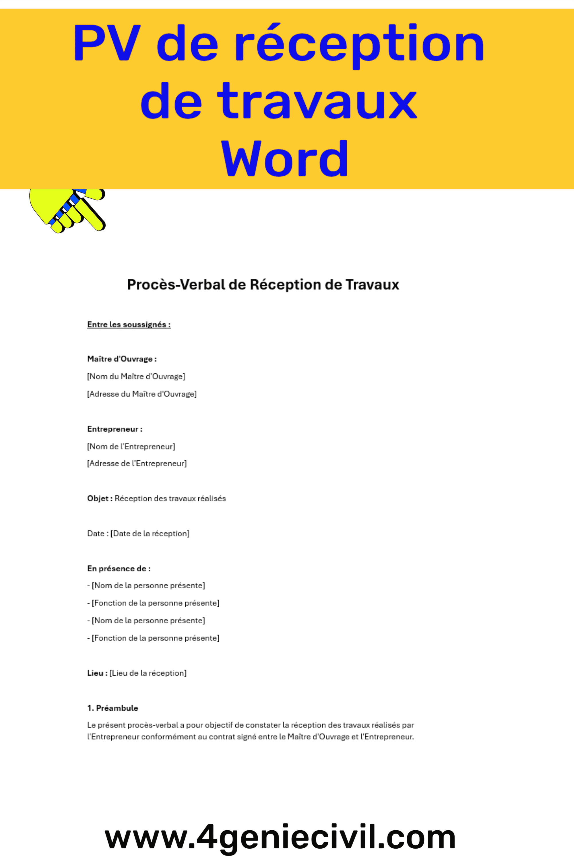 📝 Téléchargez gratuitement un modèle de PV de réception de travaux au format Word. Simplifiez la formalisation de la réception de vos travaux grâce à ce modèle prêt à l'emploi. Économisez du temps et assurez-vous d'avoir tous les éléments essentiels inclus dans votre PV. Téléchargez maintenant et simplifiez vos procédures de réception ! 💼🔧 #RéceptionTravaux #ModèleGratuit #Word #GestionProjet