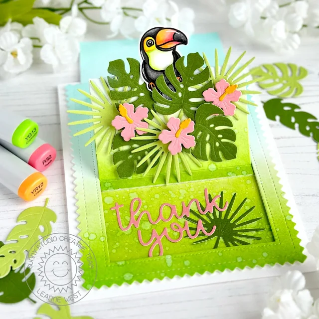 Sunny Studio Stamps: Sliding Window Die Focused Card by Leanne West (featuring Summer Greenery Dies, Thank You Word Dies, Frilly Frame Dies, Tropical Birds)