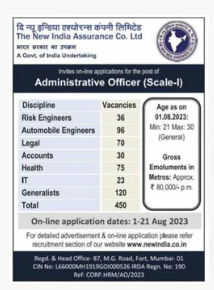New India Assurance Company Limited Recruitment 2023 Administrative Officer – 450 Posts Last Date 21-08-2023