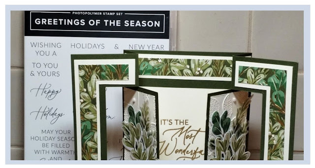 Rhapsody in craft, #rhapsodyincraft, #heartofchristmas, #heartofchristmas2024, Double swing fold card, Swing fold Card, fancy fold, Greetings of the season, Christmas card, Green and Gold Specialty DSP, Seasons of Green and Gold Suite, Changing Leaves embossing folder, Stampin' Up, Art with Heart, #loveitchopit