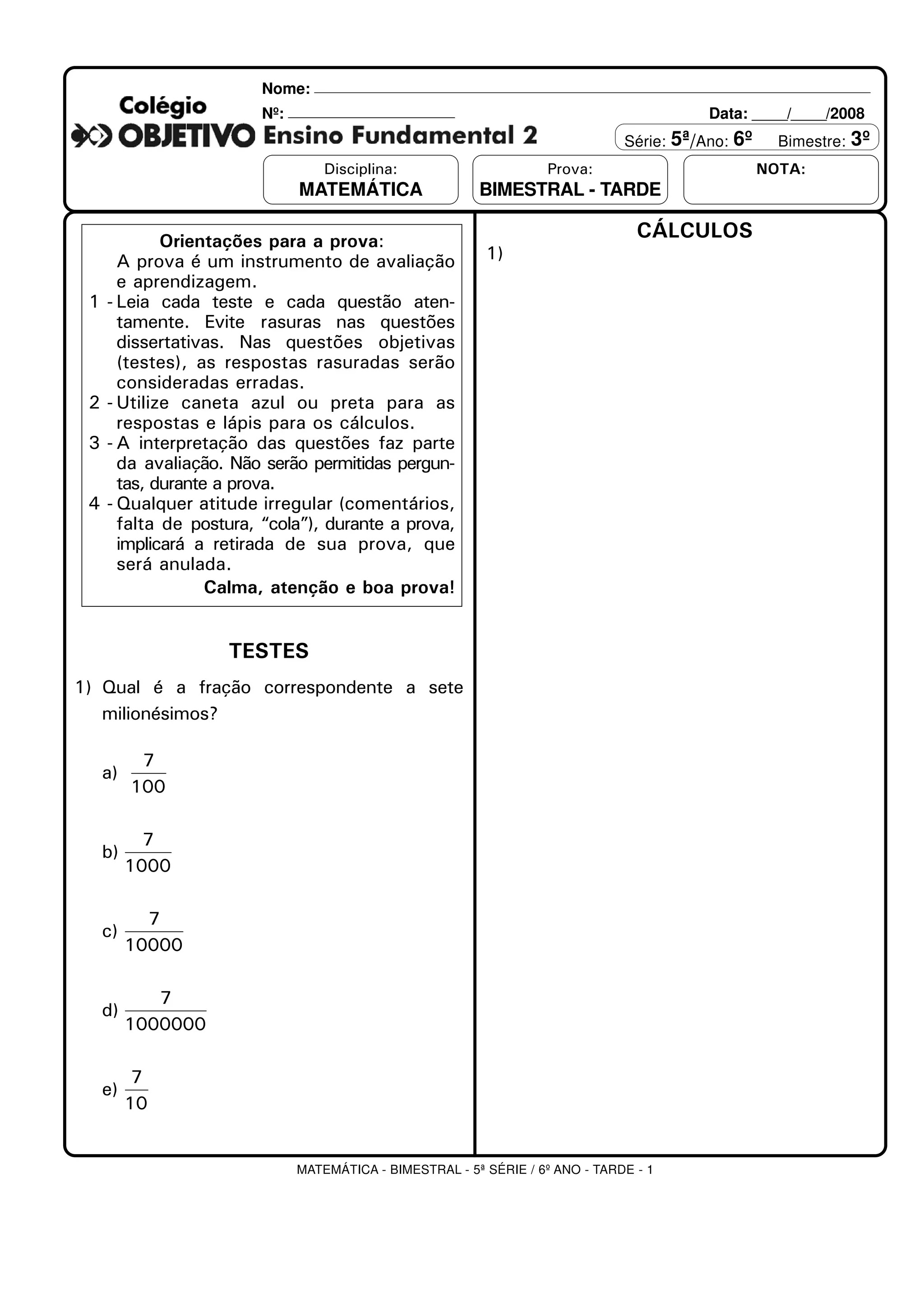 Atividade de Matemática sobre Frações - 6º Ano - 7º Ano - Com gabarito