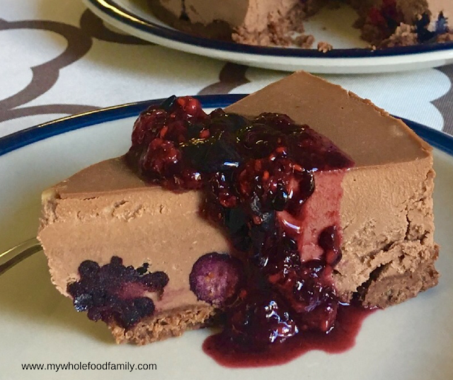 Raw, gluten free, dairy free chocolate cheesecake with smashed berries - www.mywholefoodfamily.com