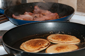 Pancake day, with bacon and maple syrup