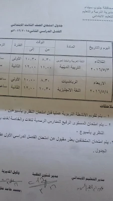 جداول امتحانات أخر العام محافظة جنوب سيناء 2016 الترم الثانى بالصور