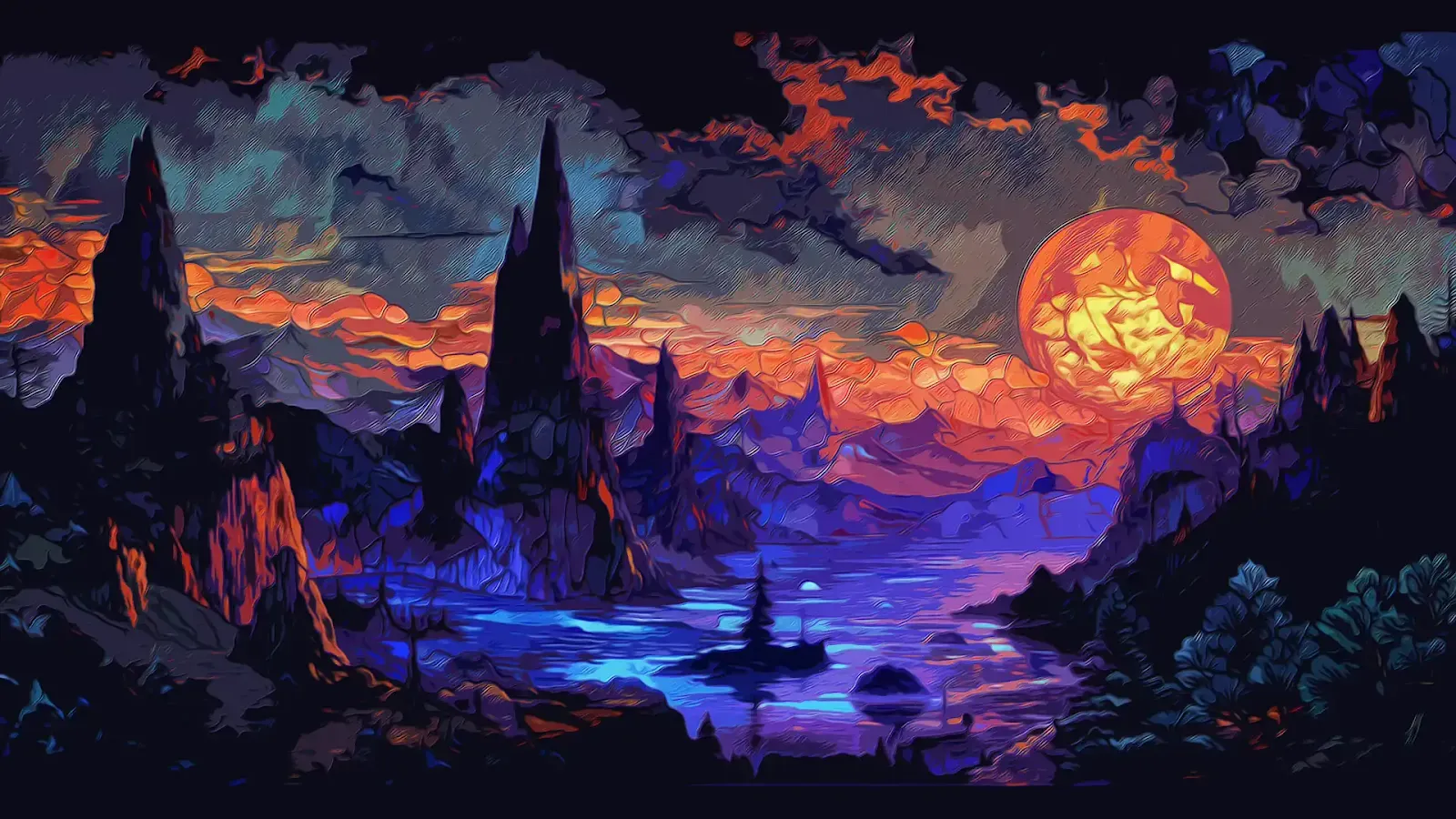 Stunning graphic illustration of a fantastical landscape with jagged mountains, a radiant full moon, and a river reflecting a myriad of colors under a twilight sky.