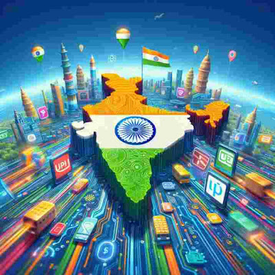 Map of India with Indian flag and technology icons, including UPI symbol, representing the country's digital landscape and leading digital economy.