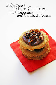 salty sweet toffee cookies with dark chocolate glaze and candied pecans