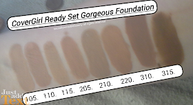 CoverGirl Ready Set Gorgeous Foundation; Review & Swatches of Shades 105 Classic Ivory, 110 Creamy Natural, 115 Buff Beige, 205 Natural Beige, 210 Medium Beige, 220 Soft Honey,  310 Classic Tan, 315 Tawny