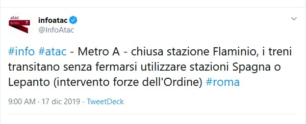 Situazione del trasporto pubblico di Roma di martedi 17 dicembre