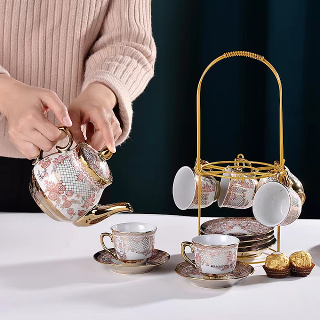 Medieval European Fantasy Teacup and Teapot Set with Metal Rack
