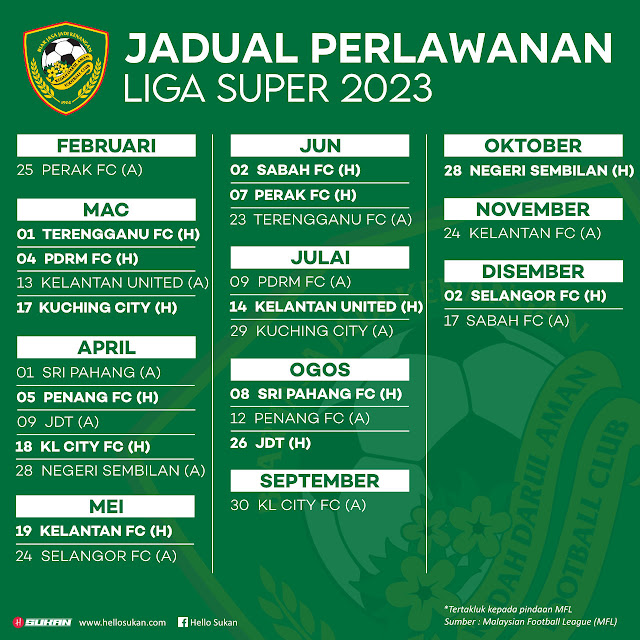 Jadual Penuh Perlawanan Kedah Darul Aman FC Di Liga Super 2023